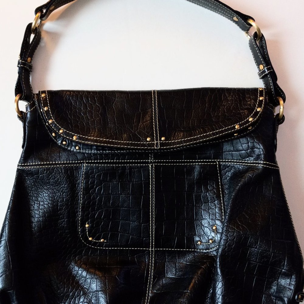SOLD. MAXX NEW YORK Black Faux Leather Croc Studded Shoulder Bag GUC - Picture 1 of 8